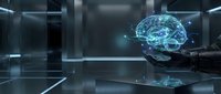Futuristic holographic brain projection floating above hand in modern laboratory setting with digital neural network connections and glowing blue light effects.