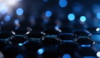 Abstract molecular structure with glowing hexagonal shapes against dark background with blue bokeh lights creating futuristic scientific visualization.