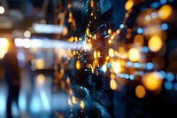 Abstract technology background with digital data visualization and glowing orange bokeh lights creating futuristic atmosphere for business and tech designs.