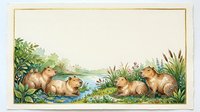 Capybaras relaxing by water with lush vegetation and natural landscape scenery for wildlife, nature, and educational design projects.