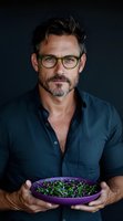 Mature Caucasian man with glasses and salt-pepper beard holding purple bowl of fresh microgreens against dark background. Professional food lifestyle portrait.