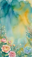 Watercolor floral border with peonies, hydrangeas, and ferns on teal and golden background, perfect for cards, invitations, and social media.