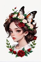 Young woman portrait with red and cream roses crown, butterfly wings, and green leaves wreath. Brown hair, green eyes, red lips on white background.