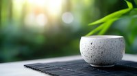 White speckled ceramic bowl on bamboo mat with green leaves and soft sunlight creating peaceful zen atmosphere for meditation and wellness practices.