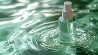 Glass spray bottle with white pump standing in water ripples against green aquatic background. Perfect for cosmetic product advertising.
