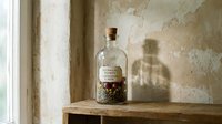 A glass bottle with cork stopper filled with dried botanicals and herbs sits on a weathered wooden shelf against a distressed beige wall with peeling plaster and natural window light casting shadows.