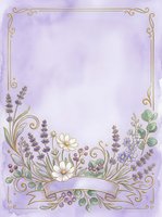 Lavender flowers and daisies with ornate gold scrollwork frame and blank banner on soft purple watercolor background, suitable for invitations, greeting cards, and stationery design.