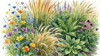 Watercolor garden border with ornamental grasses, wildflowers and perennial plants. Natural landscaping design element for botanical illustrations.