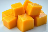 Fresh cut cheddar cheese cubes arranged in stack on white background, macro food photography showing texture and detail of dairy product.