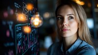 Young blonde woman looking at futuristic digital interface with glowing graphs and data visualization in dark office environment.