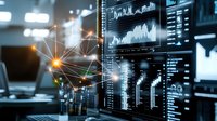 Digital data visualization with glowing network connections and financial charts on multiple screens in modern office environment.