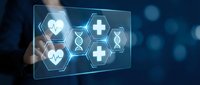 Digital healthcare interface with medical icons and DNA symbols on transparent screen for telemedicine and health technology applications.