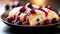 Fresh baked cranberry pastry rolls drizzled with sweet glaze icing and garnished with whole cranberries on dark plate, close up view of holiday dessert.