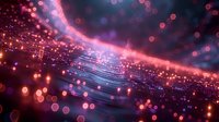 Glowing pink and purple bokeh lights with circuit board pattern creating futuristic technology background with blurred particles and digital elements.