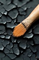 Wooden makeup brush with golden bristles on cracked black surface creating dramatic contrast and texture. Perfect for beauty and cosmetic industry.