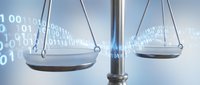 Digital justice scales with binary code representing technology law and cyber legal balance in modern judicial system.