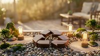 Zen garden meditation space with wooden stepping stones, moss, warm Edison bulb lighting and pebbles creating peaceful outdoor relaxation atmosphere.