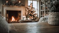 Cozy Christmas interior with fireplace, decorated tree, and warm bokeh lights creating festive holiday atmosphere.