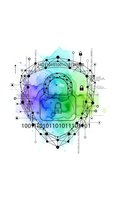 Digital cybersecurity shield with geometric network connections and binary code on watercolor background for tech presentations.
