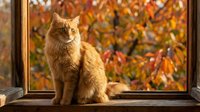 Orange tabby cat sitting on wooden windowsill with vibrant autumn foliage background. Cozy indoor pet portrait with warm natural lighting and seasonal colors.