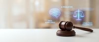 Wooden gavel with digital icons representing legal technology, compliance, and regulatory framework for modern law practice and judicial system.