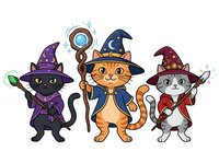 Three adorable wizard cats wearing magical hats and robes, holding enchanted staffs and wands. Isolated clipart on transparent background, ready for design projects, merchandise, and children's illustrations.