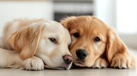 Pair of golden retriever dogs lying down together on floor, showing affection and companionship. Suitable for pet care, animal welfare, family lifestyle, and veterinary content.