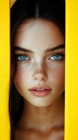 Young woman with blue eyes and freckles looking through yellow wooden fence boards. Natural beauty portrait for skincare and cosmetics advertising.