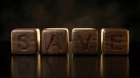 Wooden blocks with gold edges spelling SAVE on a dark reflective surface, symbolizing savings, finance, and investment concepts.