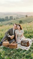 Couple enjoying vintage picnic in rolling countryside meadow with wicker baskets and retro radio, perfect for romance, lifestyle, and nostalgic themes.