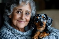 Senior woman with gray hair smiling while holding adorable dachshund puppy in cozy sweater. Heartwarming pet ownership and companionship moment.