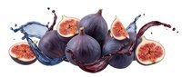 Fresh purple figs with red flesh and dynamic juice splashes on white background, perfect for food design and culinary projects.