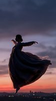 Silhouette of graceful female dancer leaping in flowing dress against dramatic sunset sky with city lights below for artistic and inspirational projects.