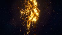 Golden flames form human head silhouette against dark starry background with glowing particles and sparks creating mystical fire portrait for creative projects.