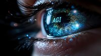 Macro shot of human eye with AGI artificial intelligence reflection, digital data visualization and glowing blue technology elements in iris. Futuristic concept.
