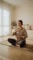 Young woman practicing meditation and breathing exercises in peaceful home interior with natural light for wellness and mindfulness routine.
