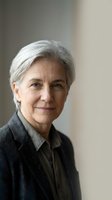 Senior woman with short gray hair and warm smile wearing dark cardigan over collared shirt, professional portrait against neutral background for corporate, healthcare, education and lifestyle editorial use.