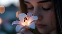 Young woman with closed eyes in peaceful meditation next to glowing white lily flower against blurred bokeh background, creating serene spiritual atmosphere.