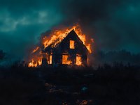 Dramatic house fire with intense flames consuming residential building against dark stormy sky. Emergency disaster scene for insurance and safety concepts.