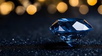 Blue diamond on dark glittering surface with golden bokeh lights in background creating luxury atmosphere. Precious gem macro photography for jewelry advertising.