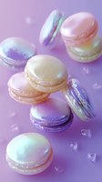Delicate macarons in pastel pink, purple, and pearlescent shades floating on purple background with crystal drops, creating dreamy confectionery composition.