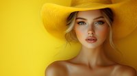 Young Caucasian woman wearing large yellow sun hat against vibrant yellow background, natural makeup, bare shoulders, fashion portrait with soft lighting and dreamy atmosphere.