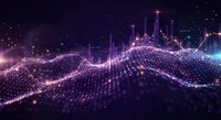 Abstract digital landscape with glowing purple and pink particle waves flowing across dark space, representing data visualization and futuristic technology concepts.
