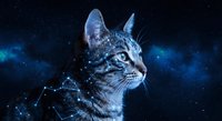 Cosmic cat portrait with starry constellation overlay against deep space nebula background for fantasy and mystical design projects.