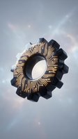 Gear with golden circuit board pattern and glowing electronic pathways on cloudy sky background, representing technology, innovation, and digital transformation.