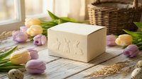 Natural handmade soap bar with embossed design surrounded by fresh purple and yellow tulips on rustic wooden table for spa and skincare routine.