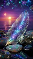 Luminous holographic feather glowing with neon colors on mystical beach at sunset with fireworks and iridescent stones creating magical fantasy atmosphere.