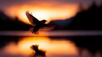 Silhouette of bird in flight over calm water at sunset with golden orange sky and reflection below.
