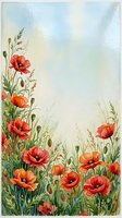 Watercolor poppy flowers and wildflowers border frame with soft blue sky background for spring summer greeting cards and botanical designs.