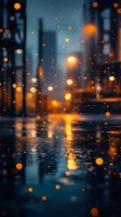 Glowing orange bokeh lights reflected on wet city street during rain, creating magical atmosphere with blurred urban background and water droplets in evening.